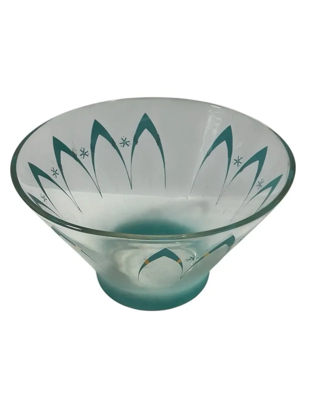Vtg MCM Large Atomic Happy Hour Bowl Turquoise & Gold Boomerang Anchor Hocking?